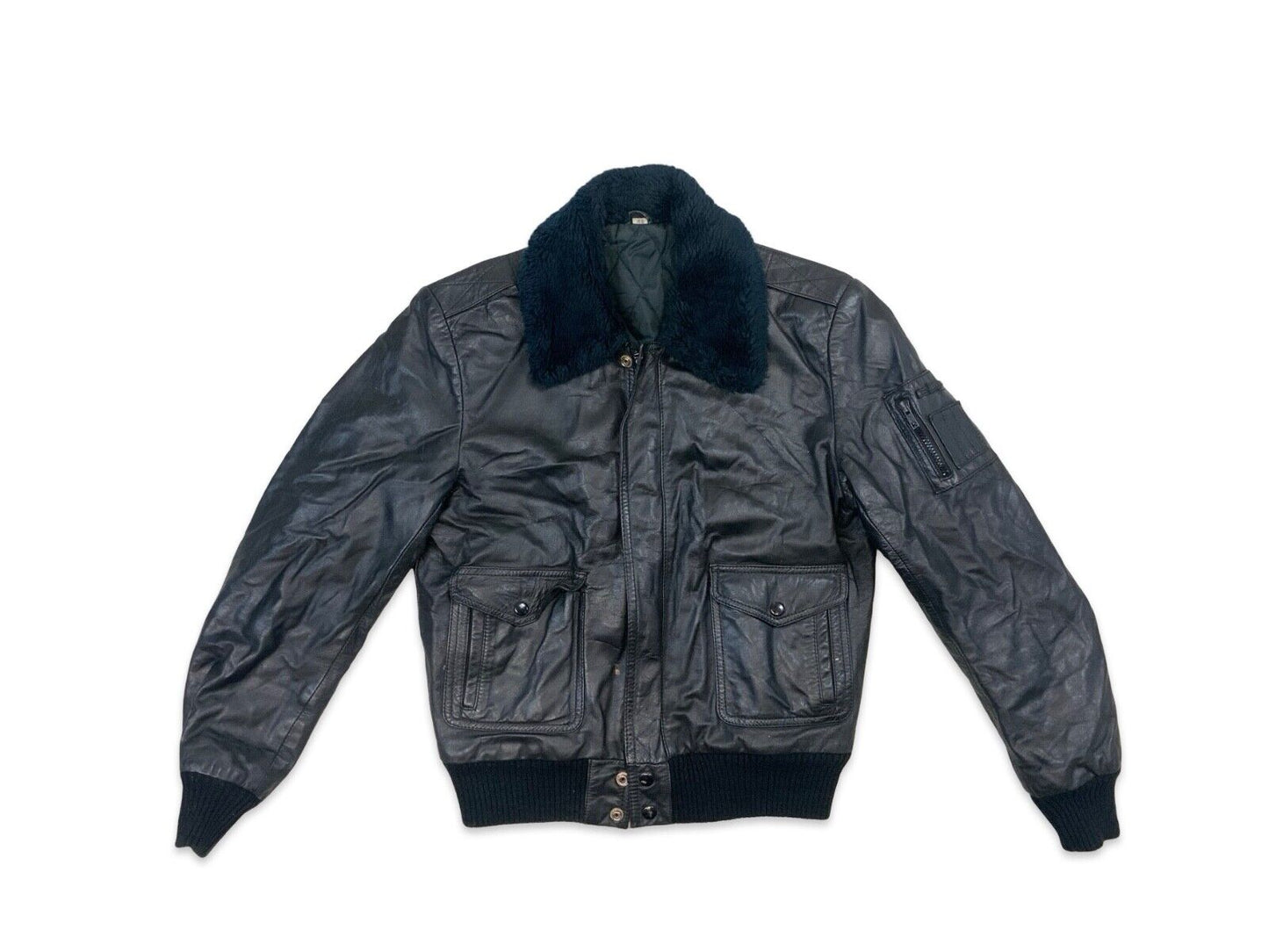 VTG 1970s BLACK SOFT LEATHER JACKET FAUX FUR COLLAR VGC S 36”