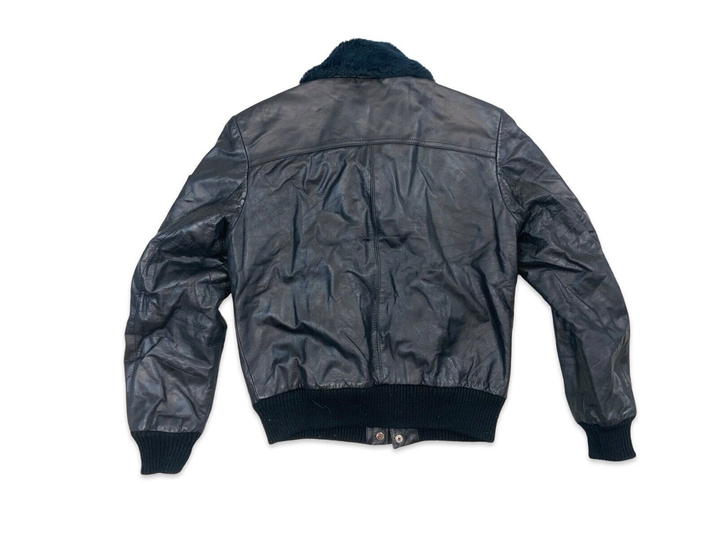 VTG 1970s BLACK SOFT LEATHER JACKET FAUX FUR COLLAR VGC S 36”