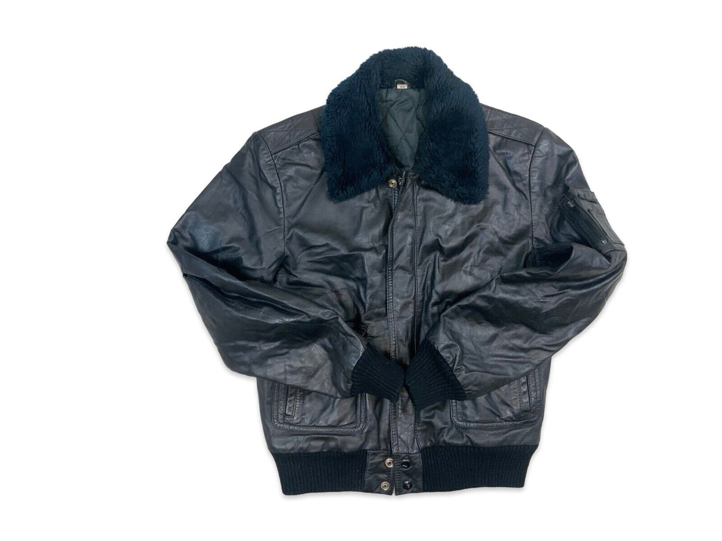 VTG 1970s BLACK SOFT LEATHER JACKET FAUX FUR COLLAR VGC S 36”