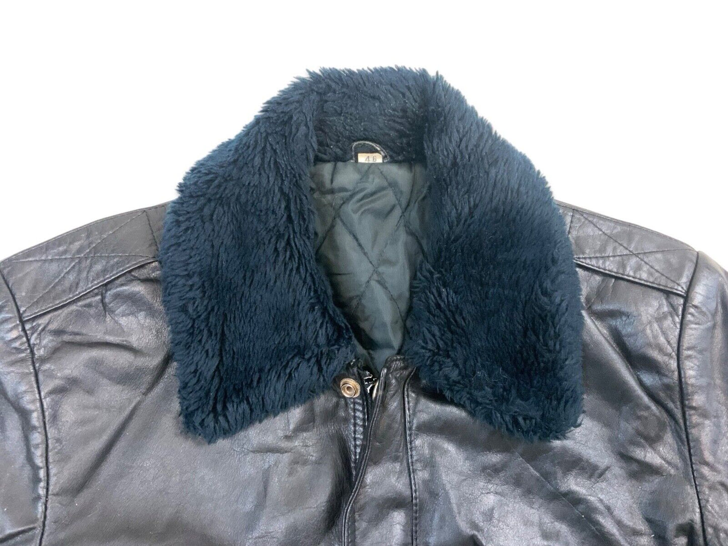 VTG 1970s BLACK SOFT LEATHER JACKET FAUX FUR COLLAR VGC S 36”
