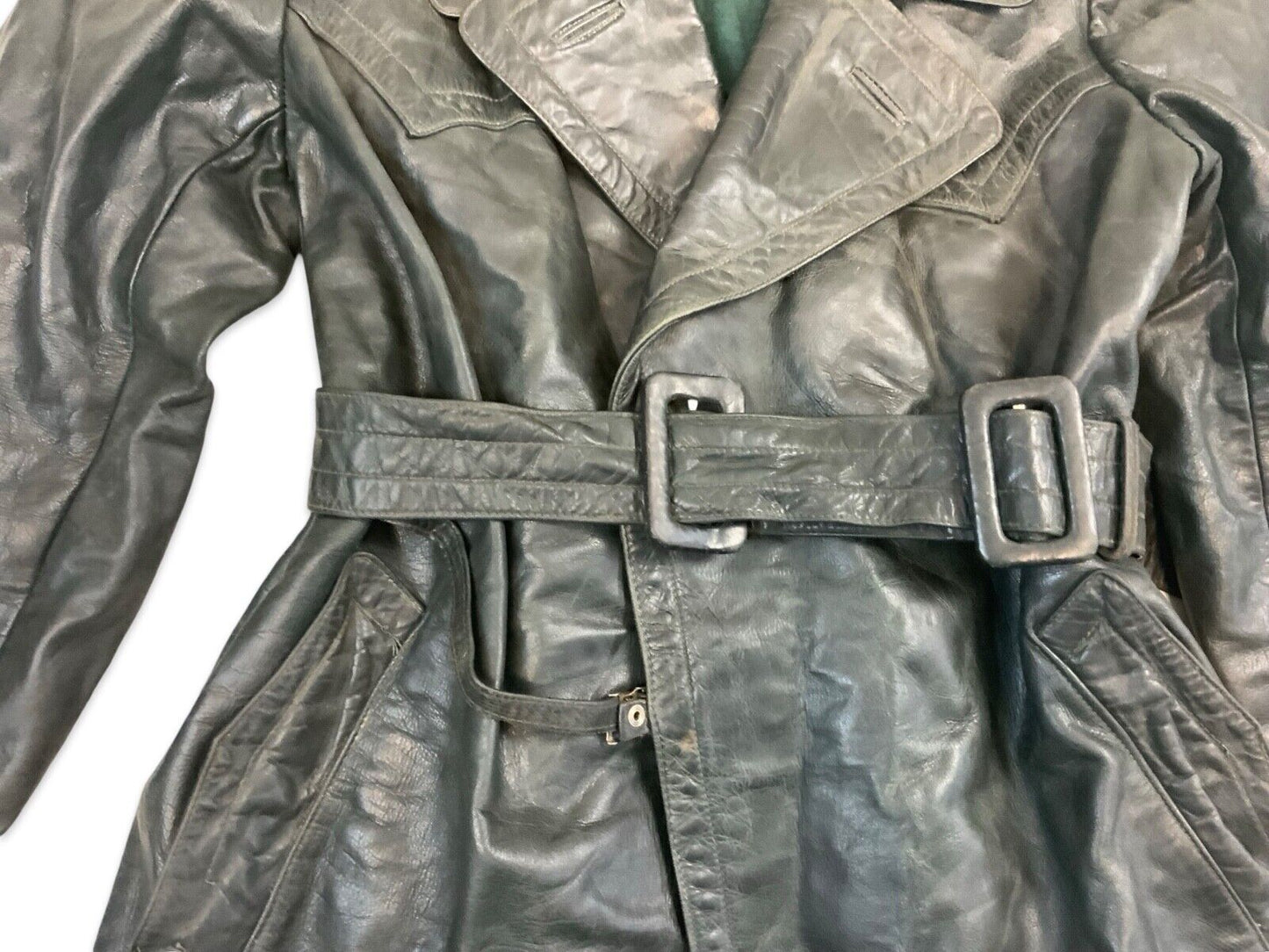 VTG WW2 GREEN LEATHER MOTORCYCLE COAT BARNSTORMER DISPATCH MOLESKIN LINED S 38”