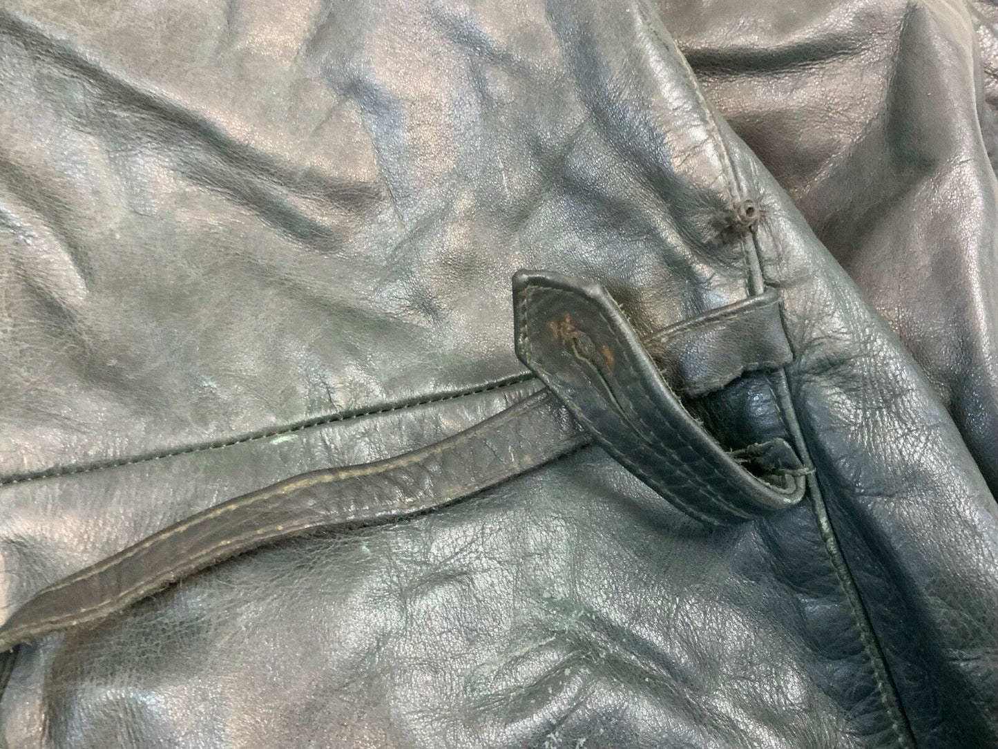 VTG WW2 GREEN LEATHER MOTORCYCLE COAT BARNSTORMER DISPATCH MOLESKIN LINED S 38”