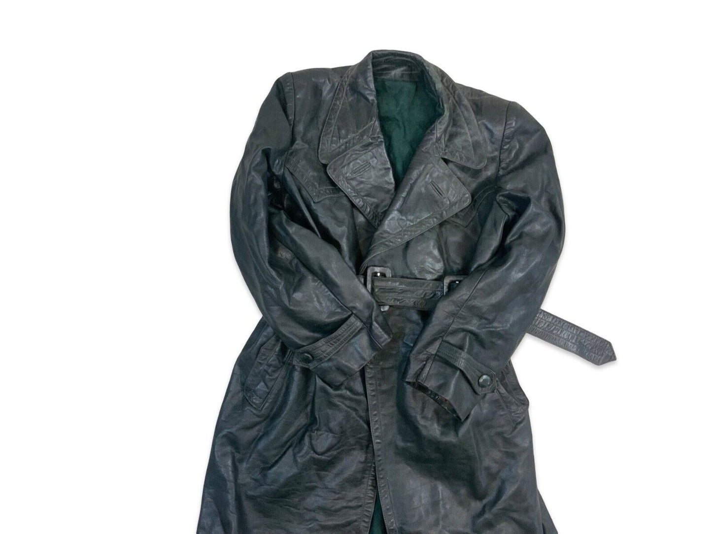 VTG WW2 GREEN LEATHER MOTORCYCLE COAT BARNSTORMER DISPATCH MOLESKIN LINED S 38”