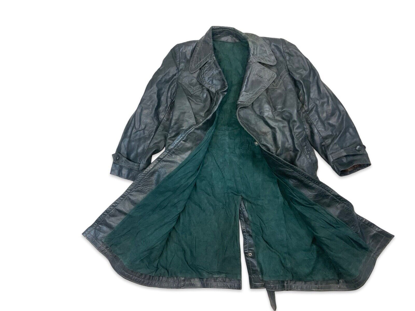 VTG WW2 GREEN LEATHER MOTORCYCLE COAT BARNSTORMER DISPATCH MOLESKIN LINED S 38”