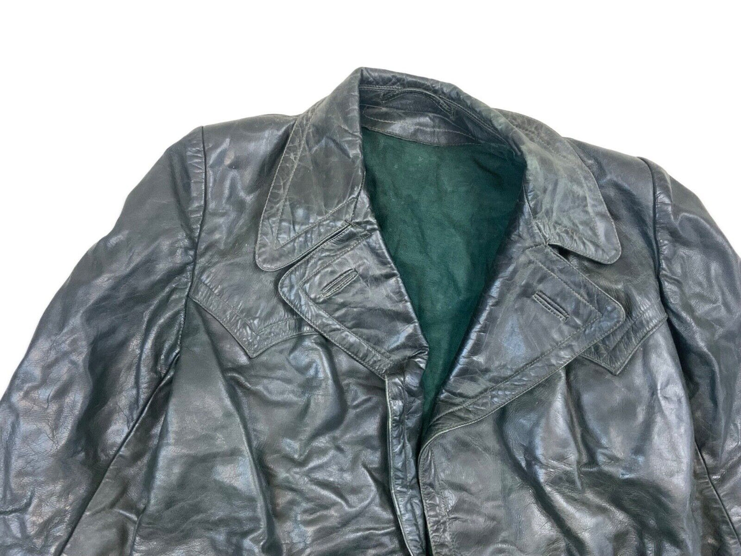 VTG WW2 GREEN LEATHER MOTORCYCLE COAT BARNSTORMER DISPATCH MOLESKIN LINED S 38”