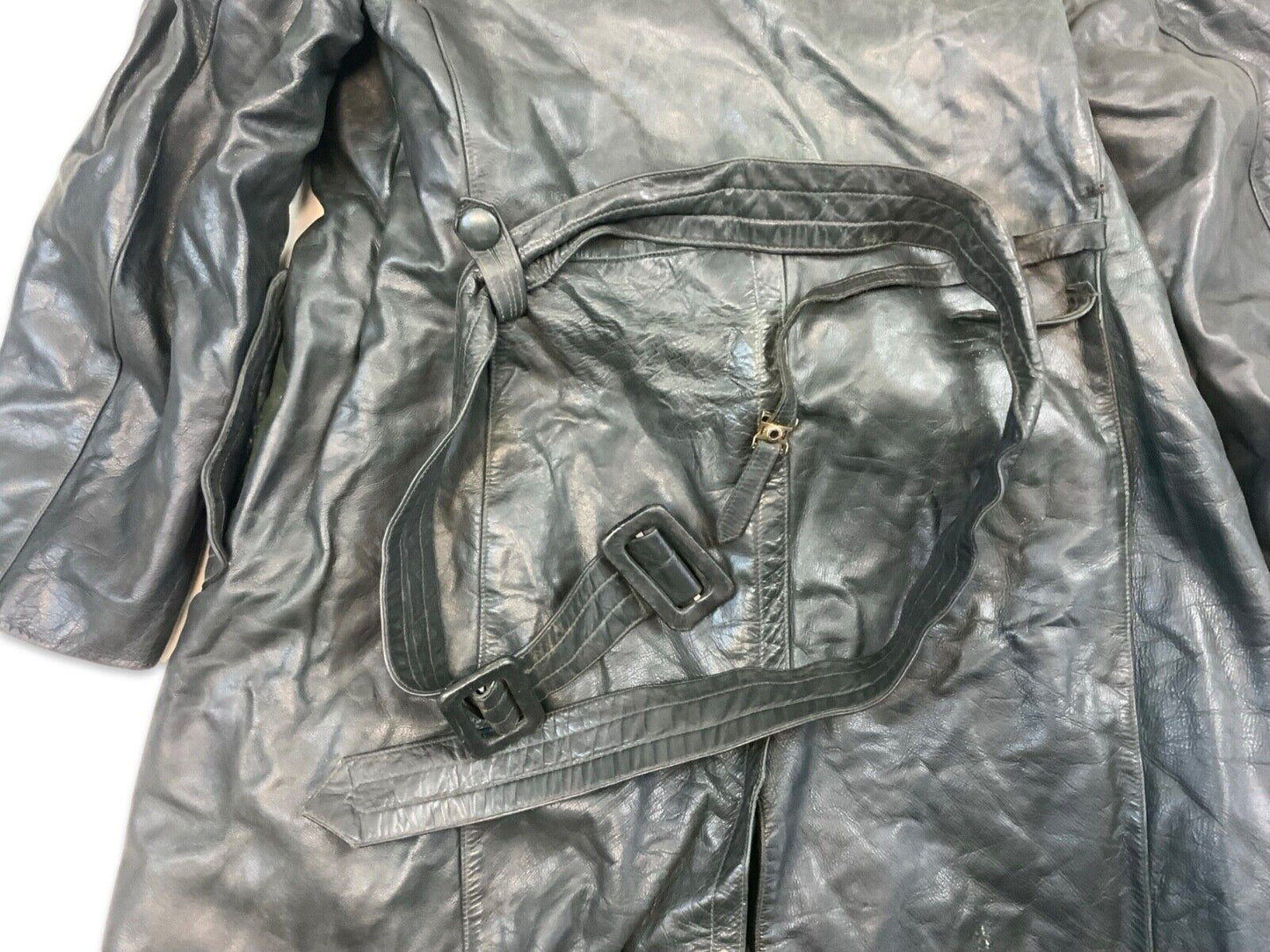 VTG WW2 GREEN LEATHER MOTORCYCLE COAT BARNSTORMER DISPATCH MOLESKIN LINED S 38”