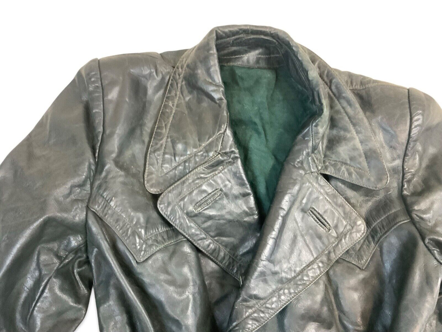 VTG WW2 GREEN LEATHER MOTORCYCLE COAT BARNSTORMER DISPATCH MOLESKIN LINED S 38”
