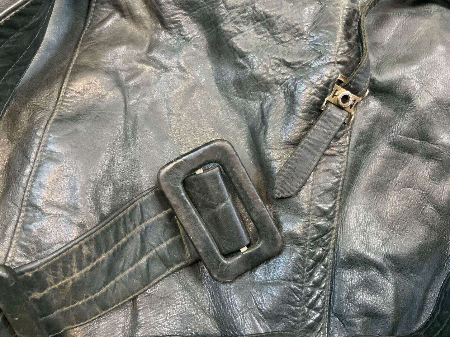 VTG WW2 GREEN LEATHER MOTORCYCLE COAT BARNSTORMER DISPATCH MOLESKIN LINED S 38”