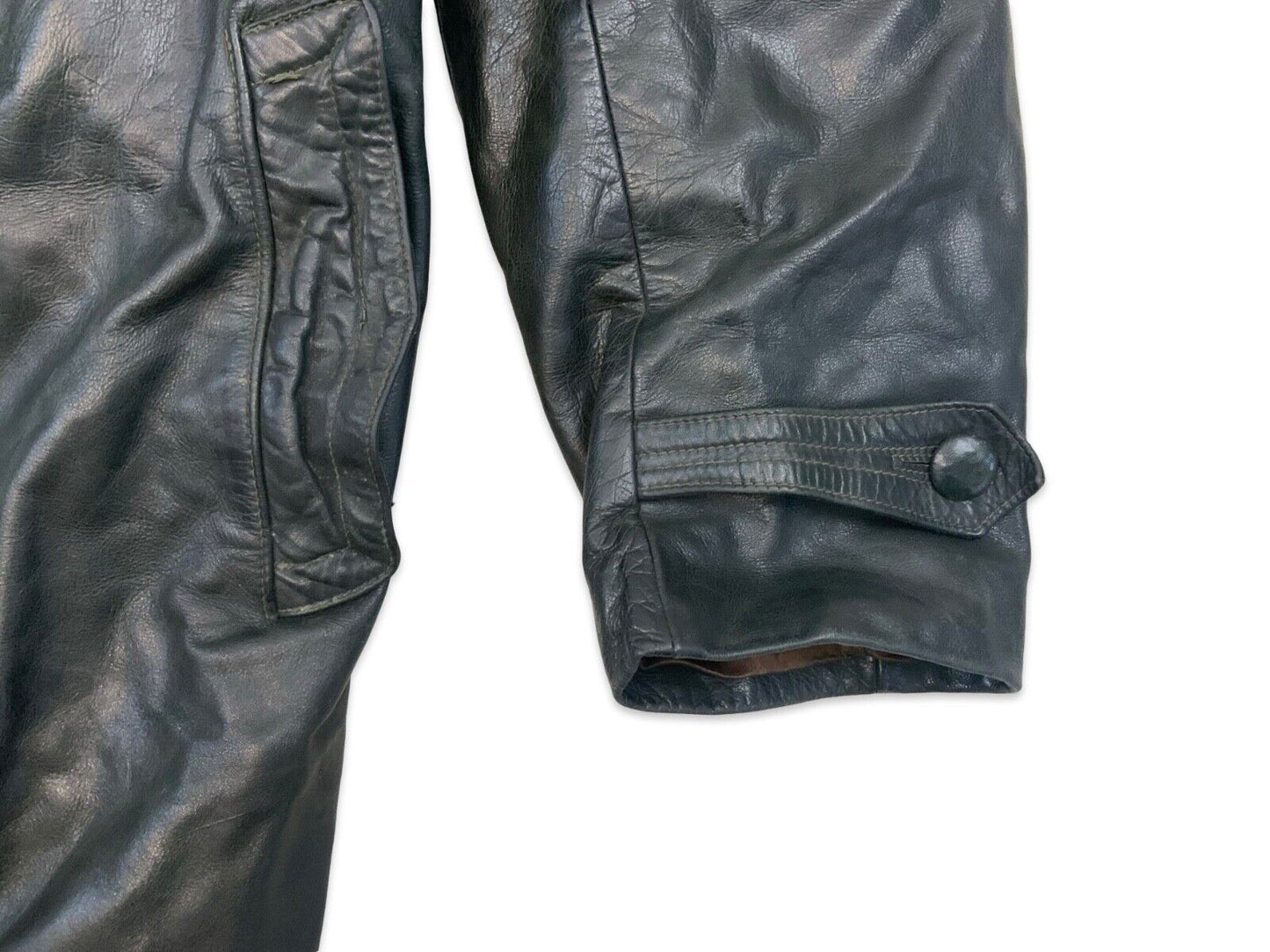 VTG WW2 GREEN LEATHER MOTORCYCLE COAT BARNSTORMER DISPATCH MOLESKIN LINED S 38”