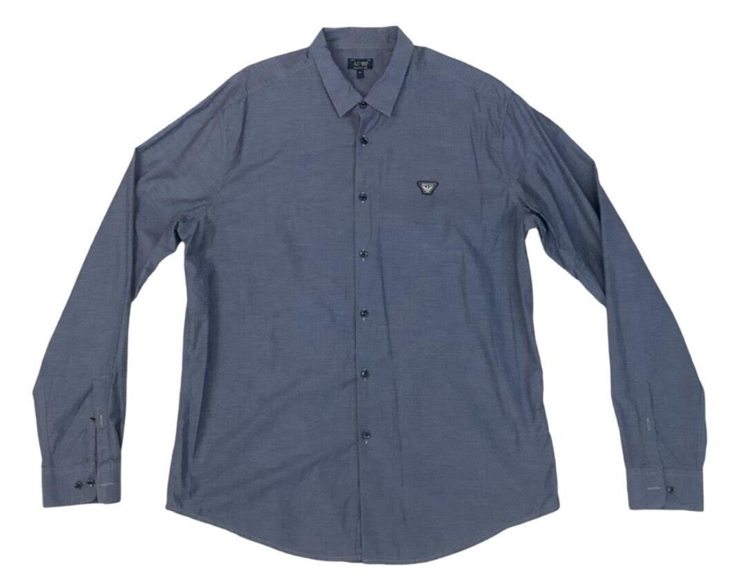 VINTAGE 90s 00s ARMANI JEANS BLUE GREY LONG SLEEVED BUTTON UP SHIRT EXTRA LARGE