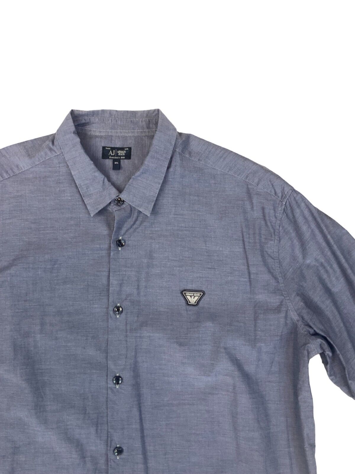 VINTAGE 90s 00s ARMANI JEANS BLUE GREY LONG SLEEVED BUTTON UP SHIRT EXTRA LARGE