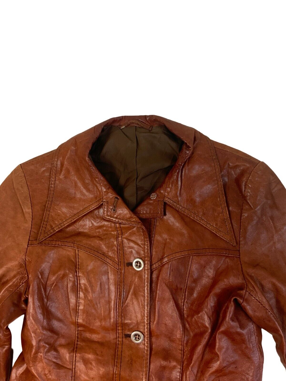 VTG 1970s WOMENS SOFT BROWN LEATHER FITTED LARGE COLLAR JACKET DISCO XXS 32”