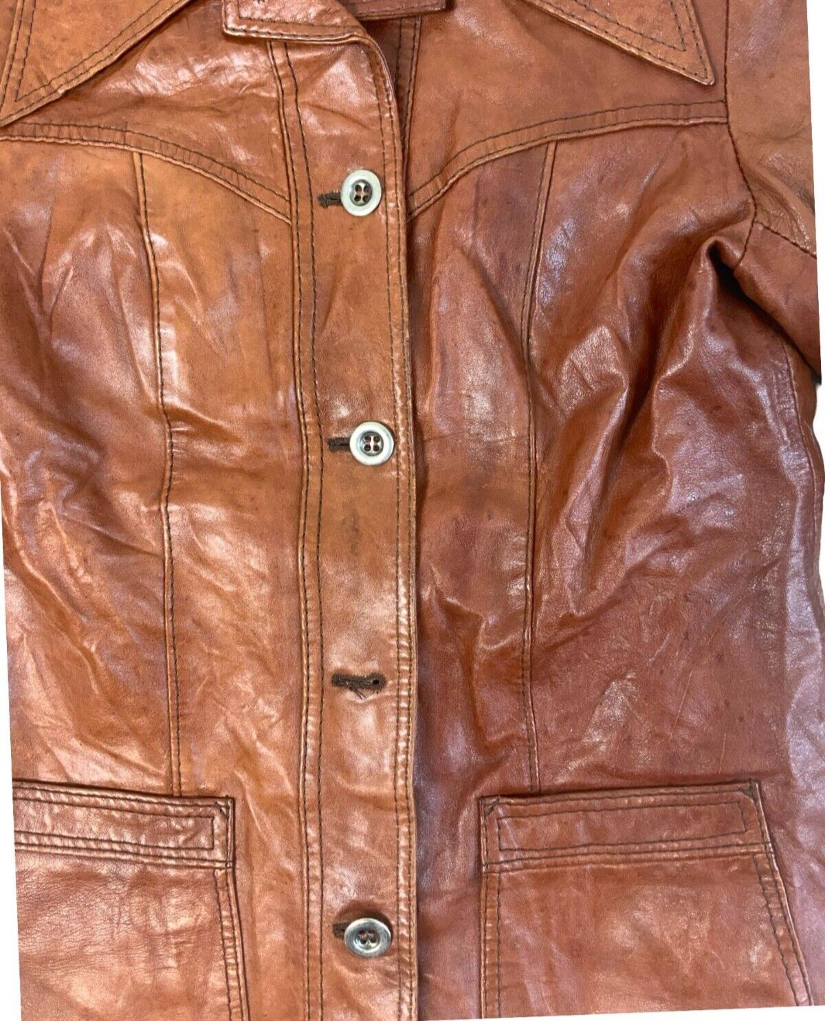 VTG 1970s WOMENS SOFT BROWN LEATHER FITTED LARGE COLLAR JACKET DISCO XXS 32”