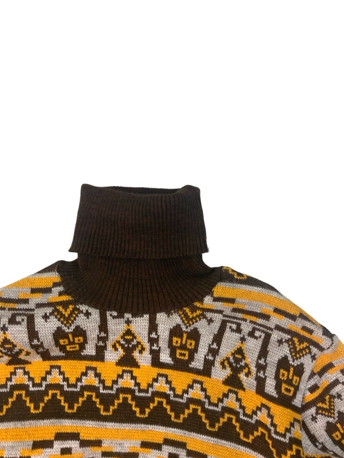 VTG 1970s CRAZY GEOMETRIC TRIBAL PATTERN TURTLE NECK KNIT JUMPER S 38