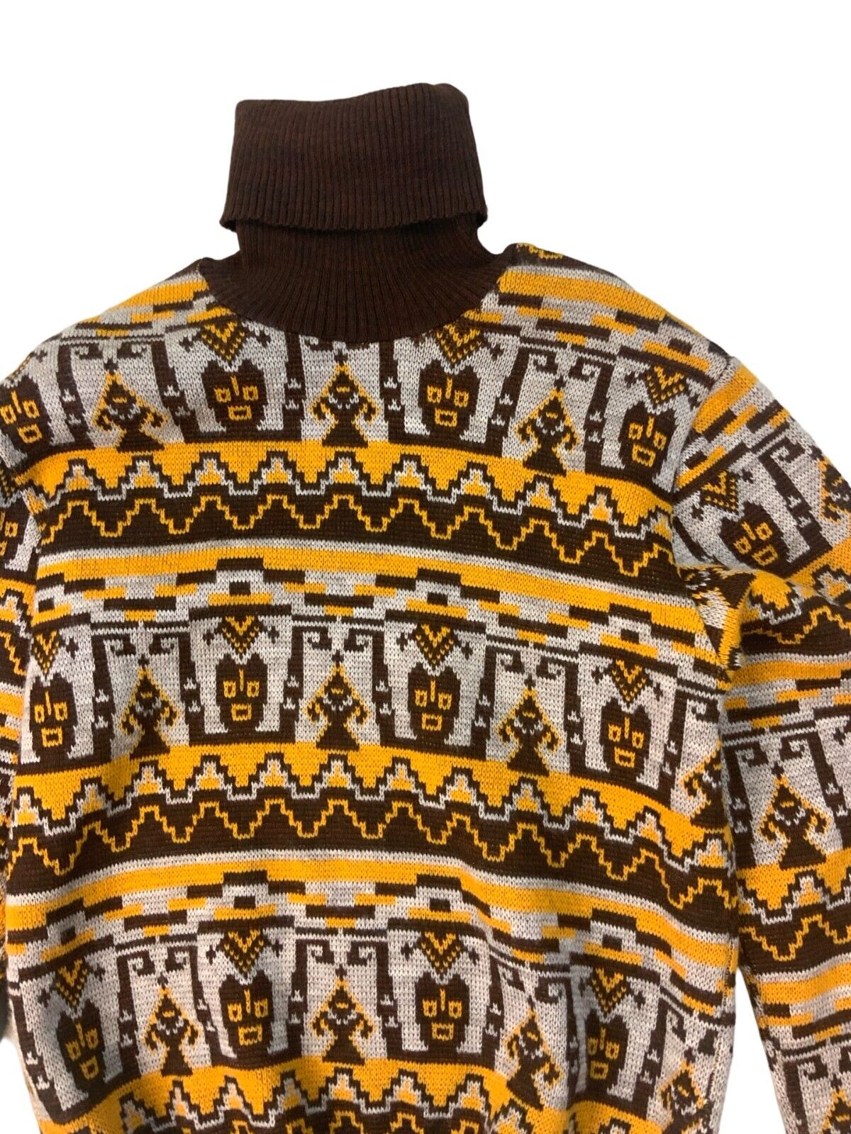 VTG 1970s CRAZY GEOMETRIC TRIBAL PATTERN TURTLE NECK KNIT JUMPER S 38