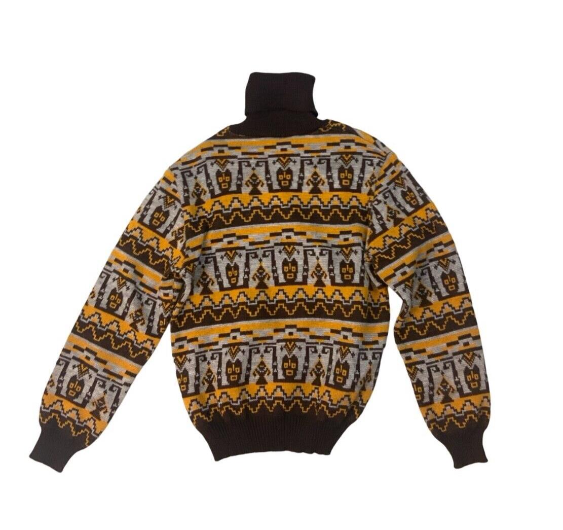 VTG 1970s CRAZY GEOMETRIC TRIBAL PATTERN TURTLE NECK KNIT JUMPER S 38