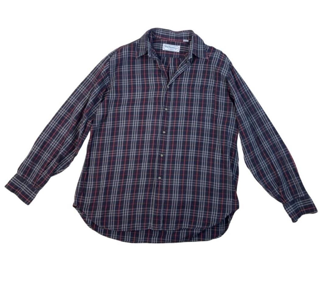 VINTAGE 80s BURBERRYS NOVA CHECK SHIRT NAVY BLUE SIZE L
