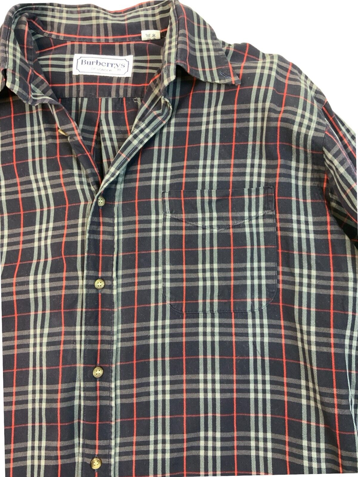 VINTAGE 80s BURBERRYS NOVA CHECK SHIRT NAVY BLUE SIZE L