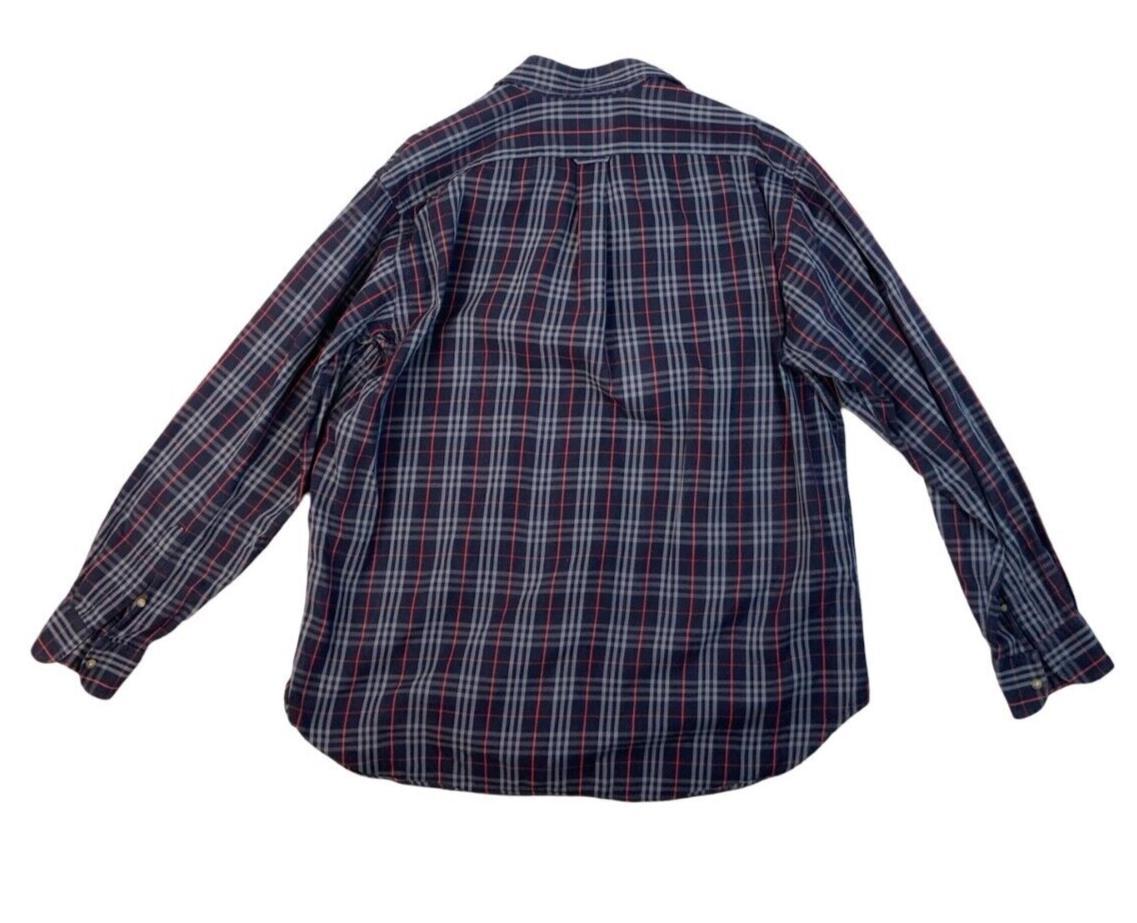 VINTAGE 80s BURBERRYS NOVA CHECK SHIRT NAVY BLUE SIZE L