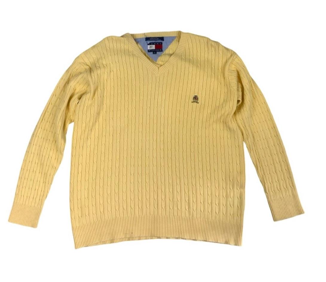 VTG 90s 00s TOMMY HILFIGER V NECK CABLE KNIT JUMPER YELLOW SIZE XL