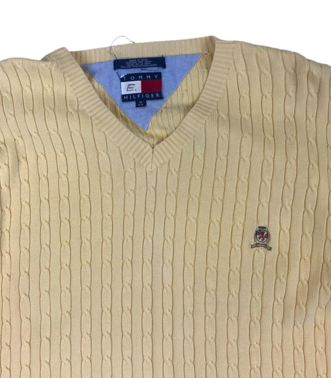 VTG 90s 00s TOMMY HILFIGER V NECK CABLE KNIT JUMPER YELLOW SIZE XL