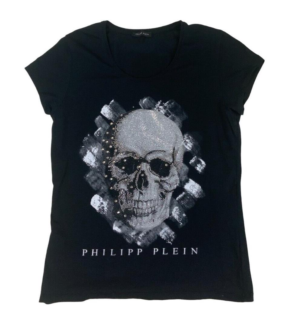 PHILIPP PLEIN GEMSTONE GRAPHIC SKULL PRINT T SHIRT BLACK SIZE M 12