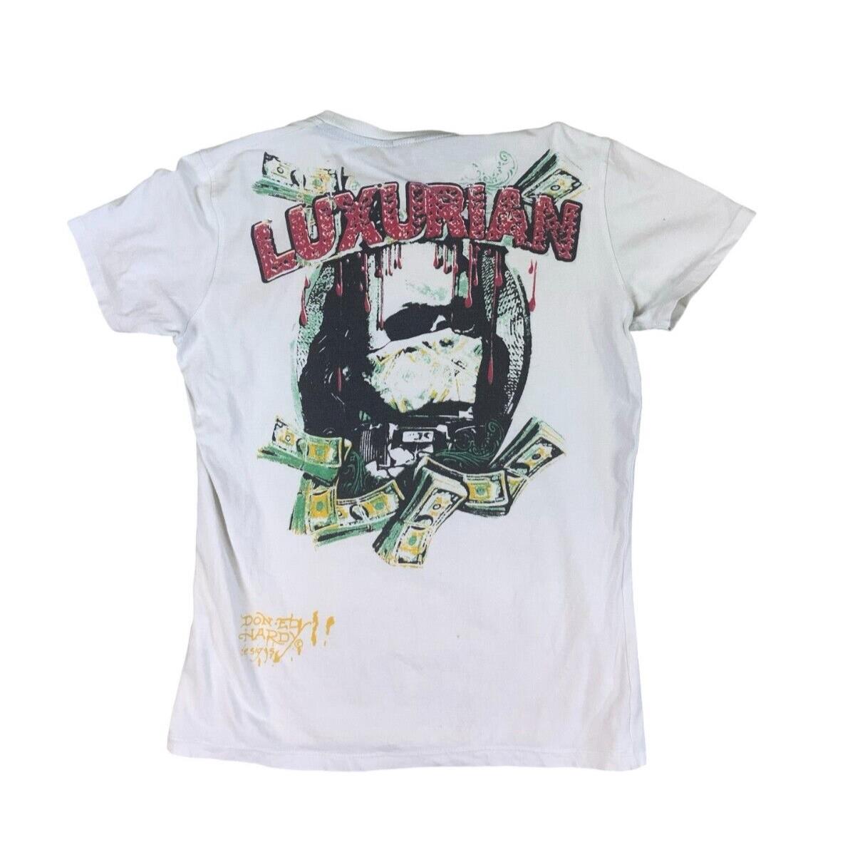 ED HARDY Y2K WHITE GRAPHIC ALL OVER PRINT GEMSTONE TEE SIZE M