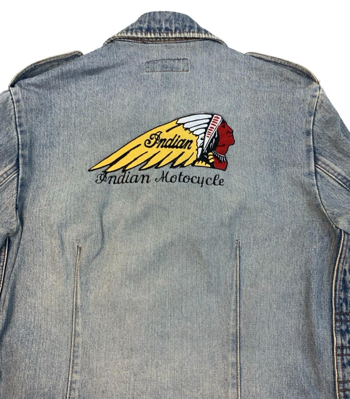 VTG FCUK INDIAN MOTORCYCLES EMBROIDERED DENIM JACKET BIKER CHIEF SCOUT M 40