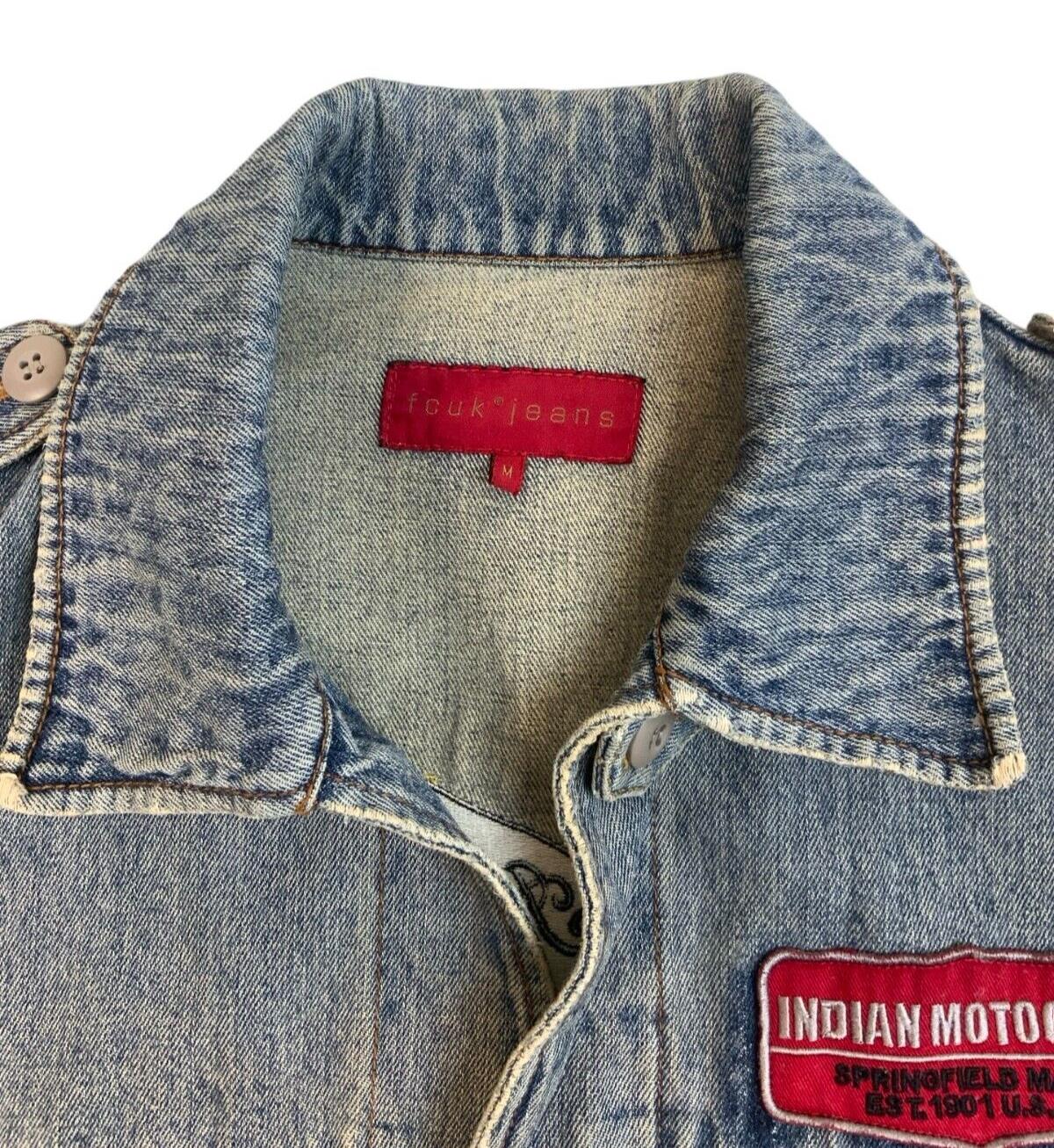 VTG FCUK INDIAN MOTORCYCLES EMBROIDERED DENIM JACKET BIKER CHIEF SCOUT M 40