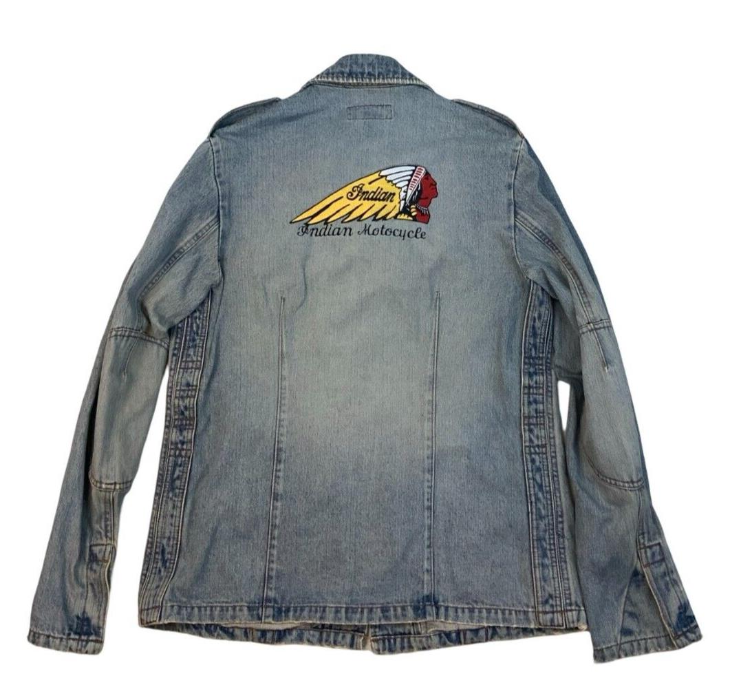 VTG FCUK INDIAN MOTORCYCLES EMBROIDERED DENIM JACKET BIKER CHIEF SCOUT M 40