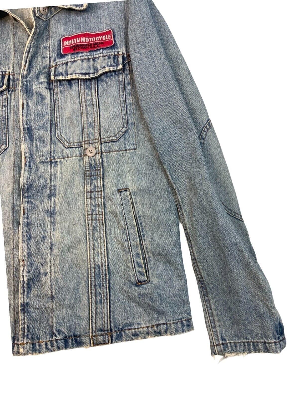 VTG FCUK INDIAN MOTORCYCLES EMBROIDERED DENIM JACKET BIKER CHIEF SCOUT M 40