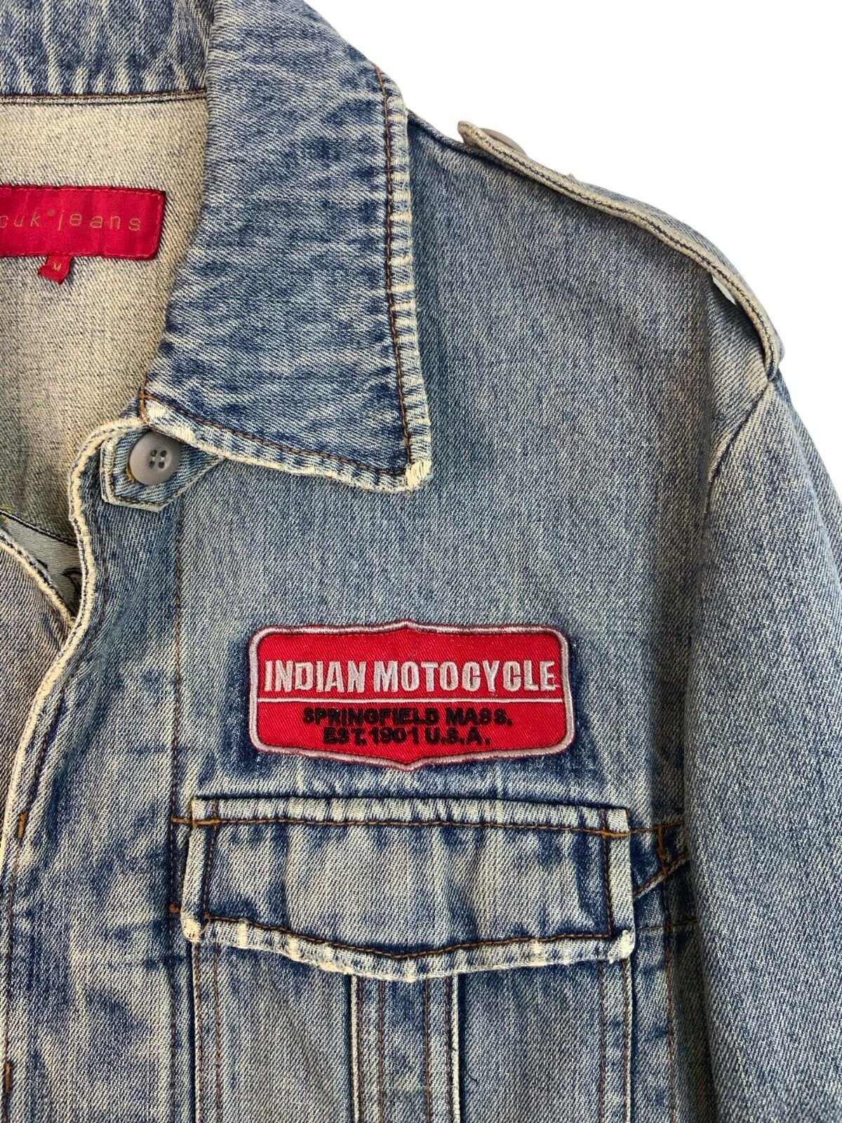 VTG FCUK INDIAN MOTORCYCLES EMBROIDERED DENIM JACKET BIKER CHIEF SCOUT M 40