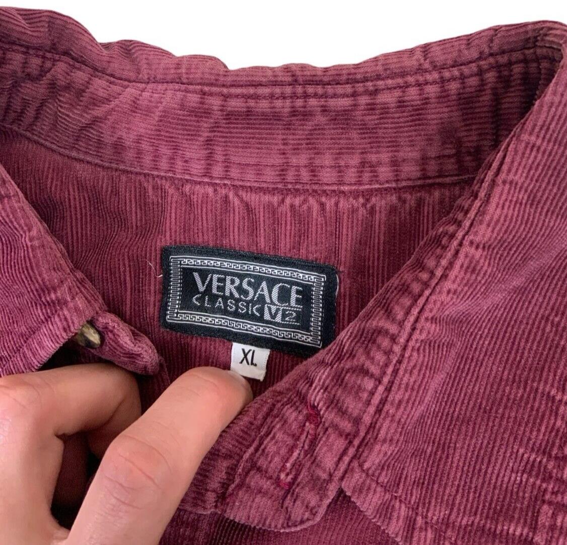 VTG 90s VERSACE CORDUROY BURGUNDY LONG SLEEVE SHIRT SIZE XL