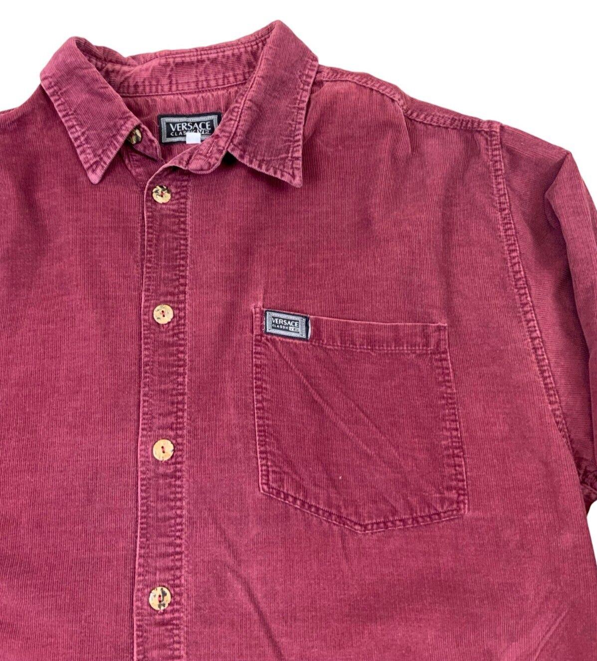 VTG 90s VERSACE CORDUROY BURGUNDY LONG SLEEVE SHIRT SIZE XL