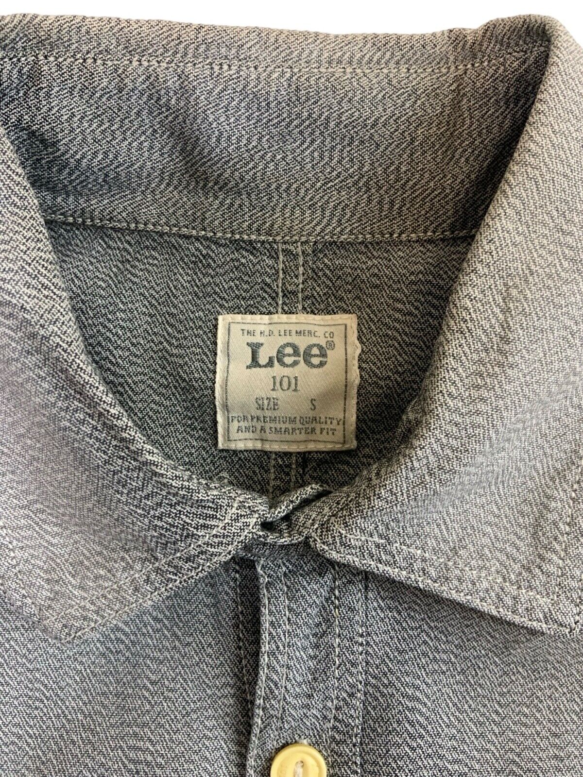 VTG LEE 101 SALT & PEPPER CHAMBRAY 4 POCKET CHORE JACKET SHIRT USA WORKWEAR S 36