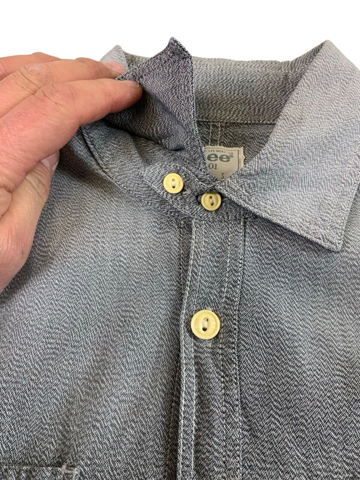 VTG LEE 101 SALT & PEPPER CHAMBRAY 4 POCKET CHORE JACKET SHIRT USA WORKWEAR S 36