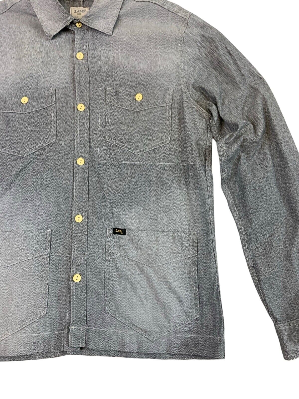 VTG LEE 101 SALT & PEPPER CHAMBRAY 4 POCKET CHORE JACKET SHIRT USA WORKWEAR S 36