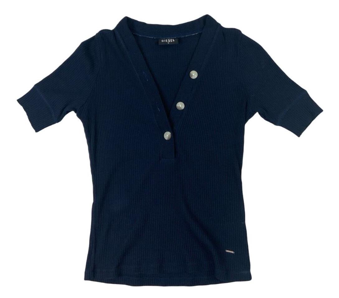 Y2K DIESEL RIBBED BUTTON UP V NECK TOP NAVY BLUE SIZE S