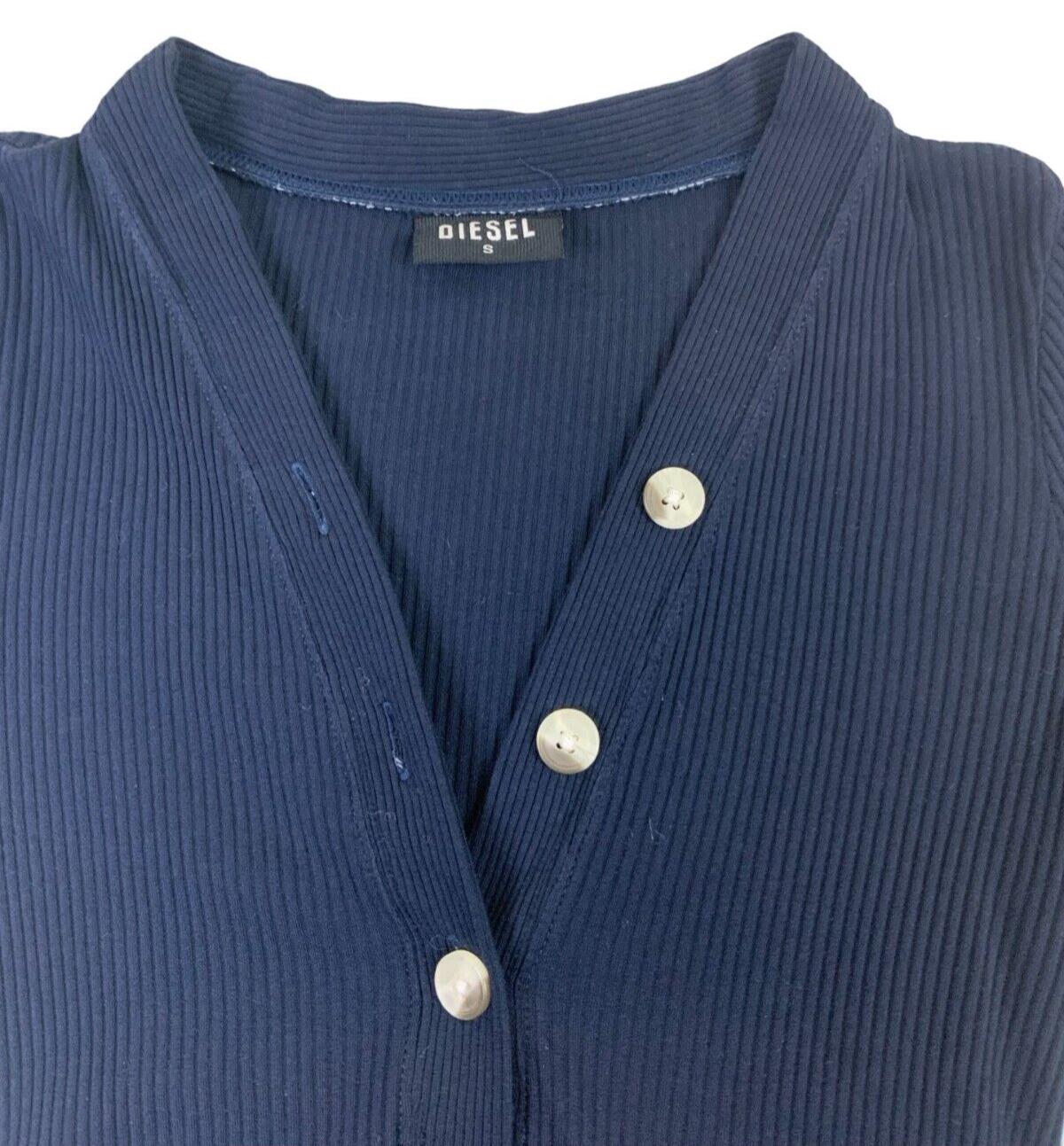 Y2K DIESEL RIBBED BUTTON UP V NECK TOP NAVY BLUE SIZE S