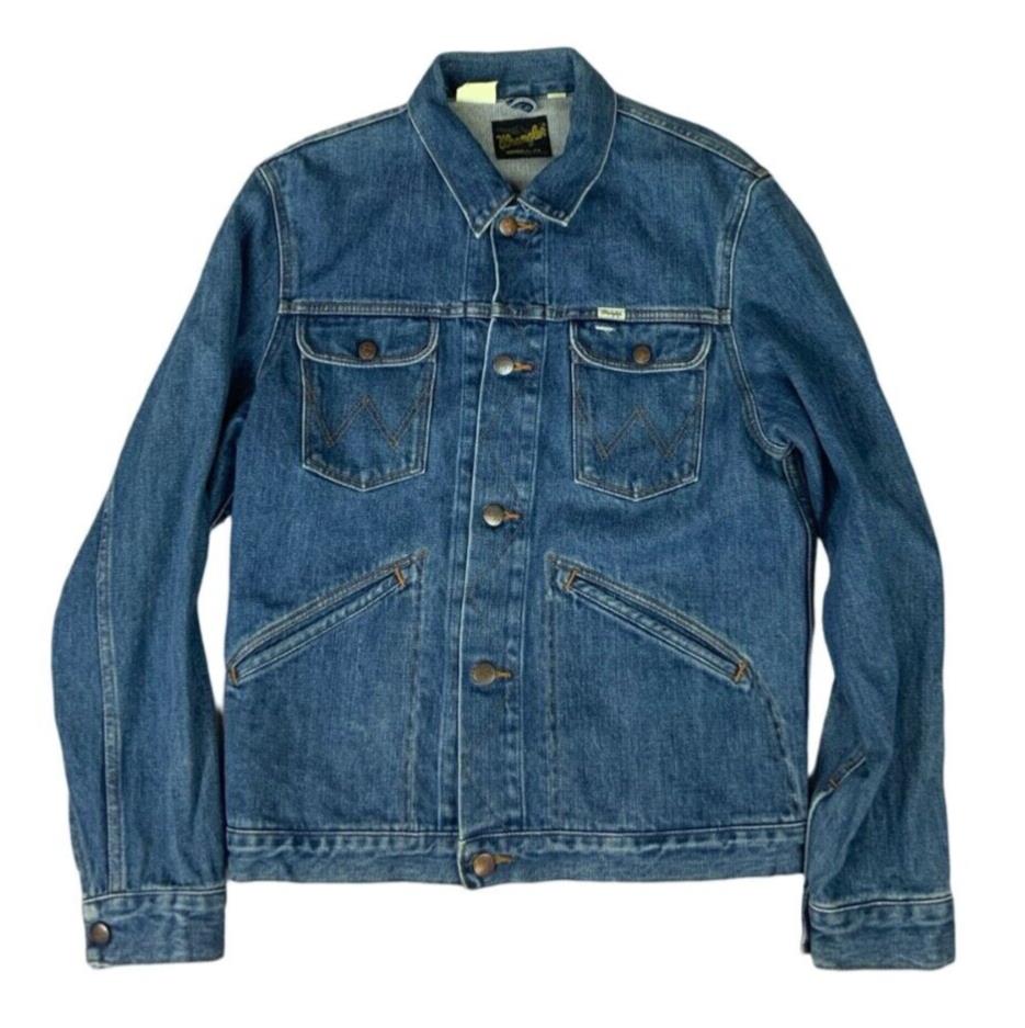 VTG WRANGLER REAR FELT LOGO 4 POCKET DENIM WESTERN JACKET COWBOY RODEO S 38”