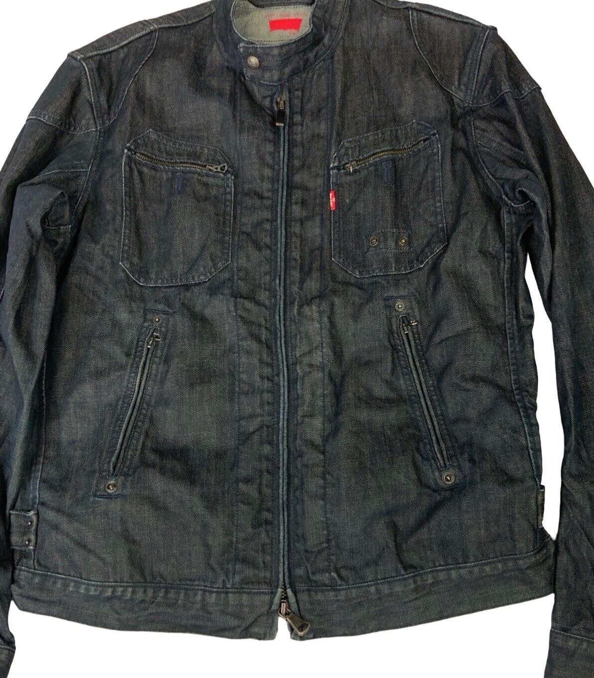 00s Y2K LEVIS DARK INDIGO ZIP UP ENGINEERED BIKER STYLE DENIM JACKET L 42