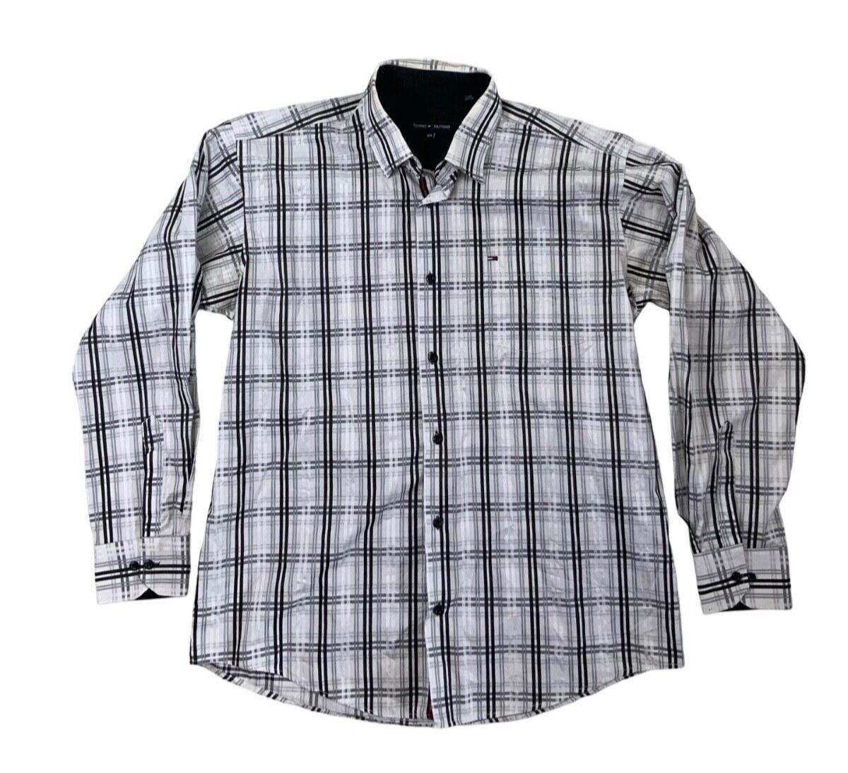 VTG 00s TOMMY HILFIGER WHITE BLACK GREY LONG SLEEVE CHECK SHIRT SIZE XL