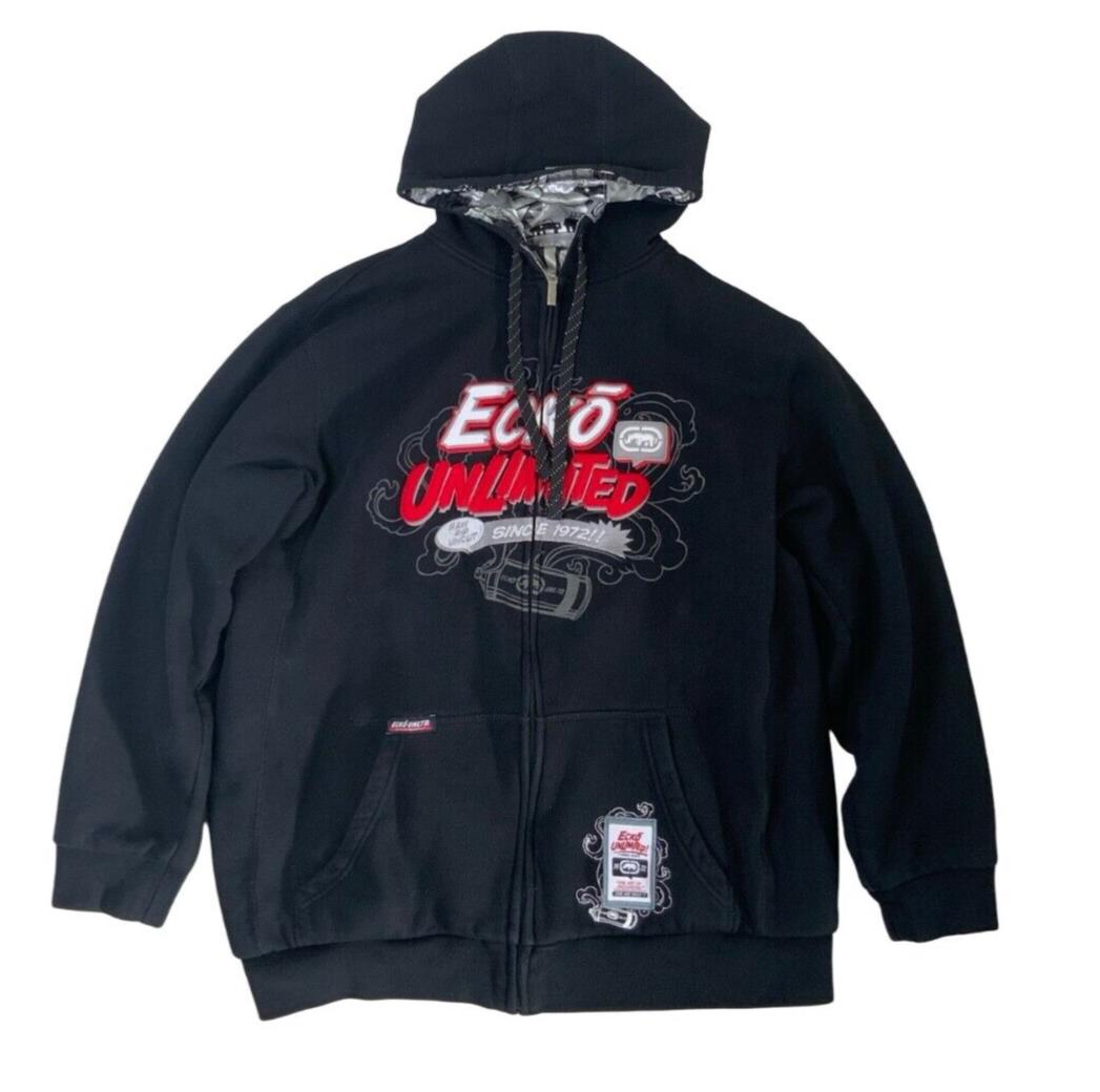 VTG Y2K ECKO UNLIMITED BLACK RED ZIP UP EMBROIDERED GRAPHIC HOODIE SIZE XL