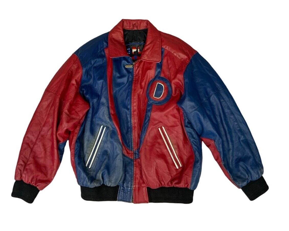 VTG 90s RED & BLUE LEATHER DISPLAY VARSITY JACKET OVERSIZED LETTERMAN L 44