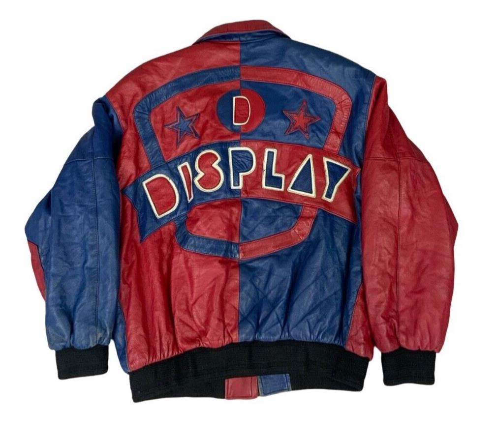 VTG 90s RED & BLUE LEATHER DISPLAY VARSITY JACKET OVERSIZED LETTERMAN L 44