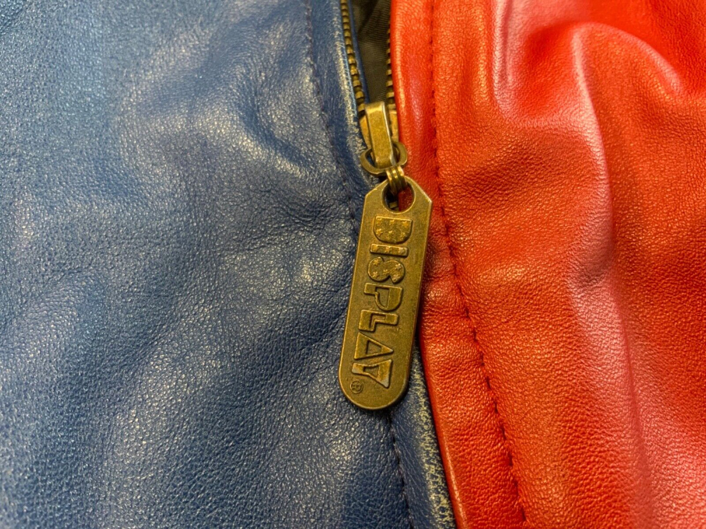 VTG 90s RED & BLUE LEATHER DISPLAY VARSITY JACKET OVERSIZED LETTERMAN L 44