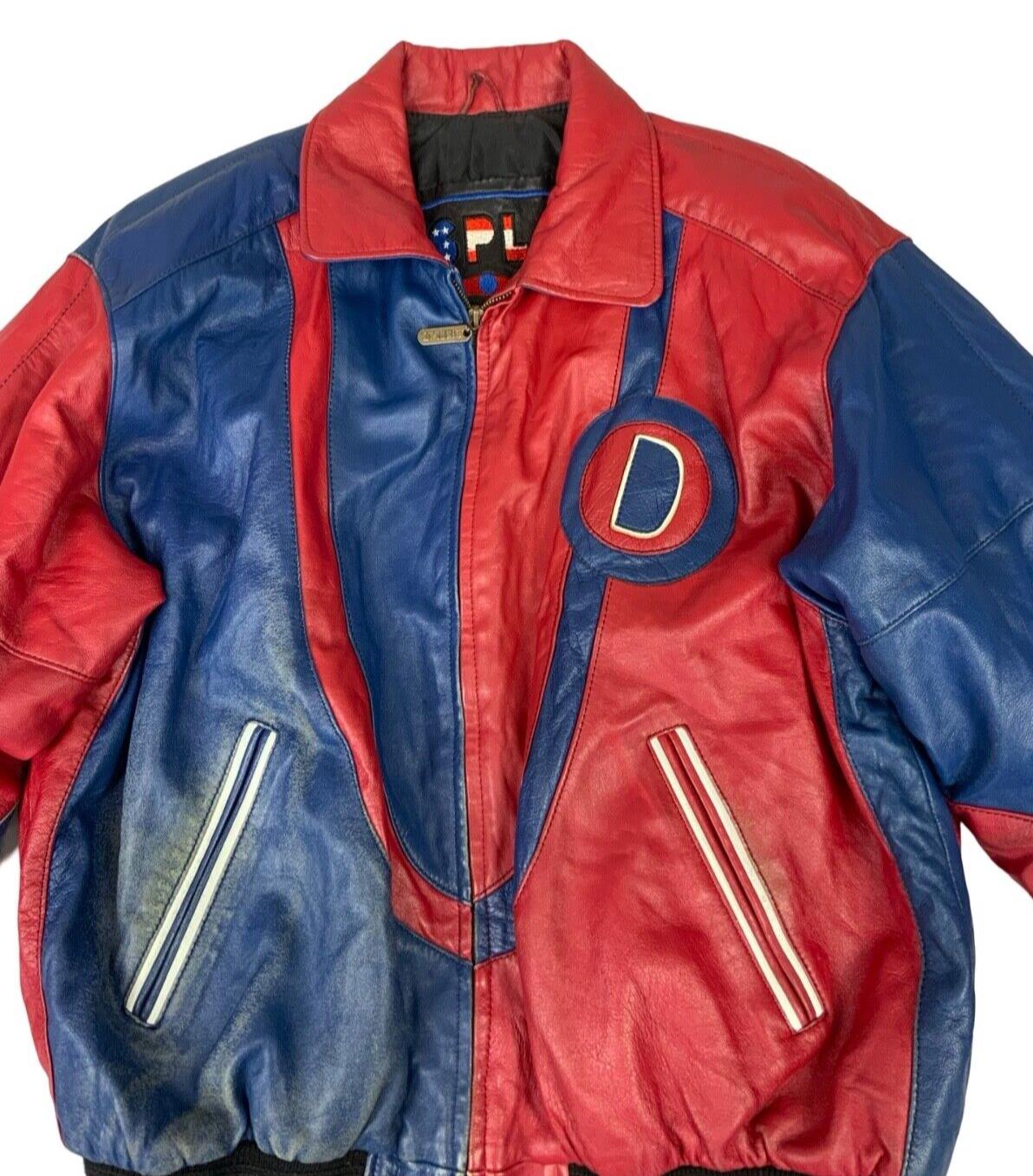 VTG 90s RED & BLUE LEATHER DISPLAY VARSITY JACKET OVERSIZED LETTERMAN L 44