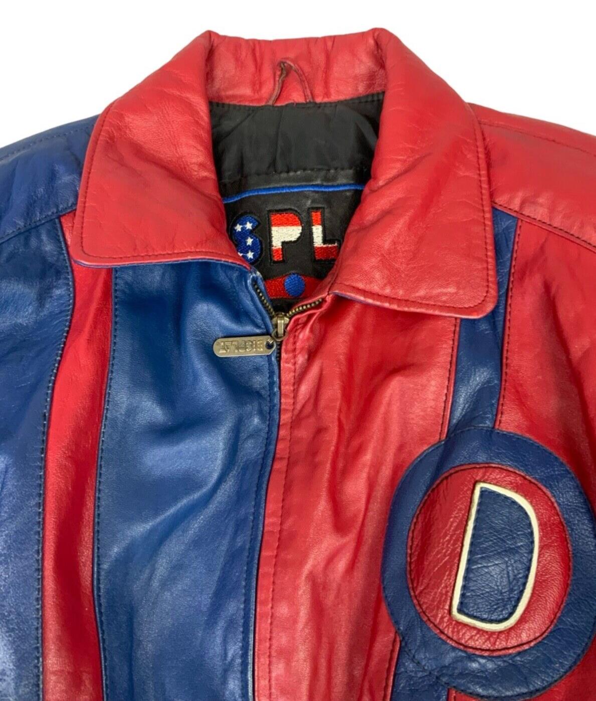 VTG 90s RED & BLUE LEATHER DISPLAY VARSITY JACKET OVERSIZED LETTERMAN L 44