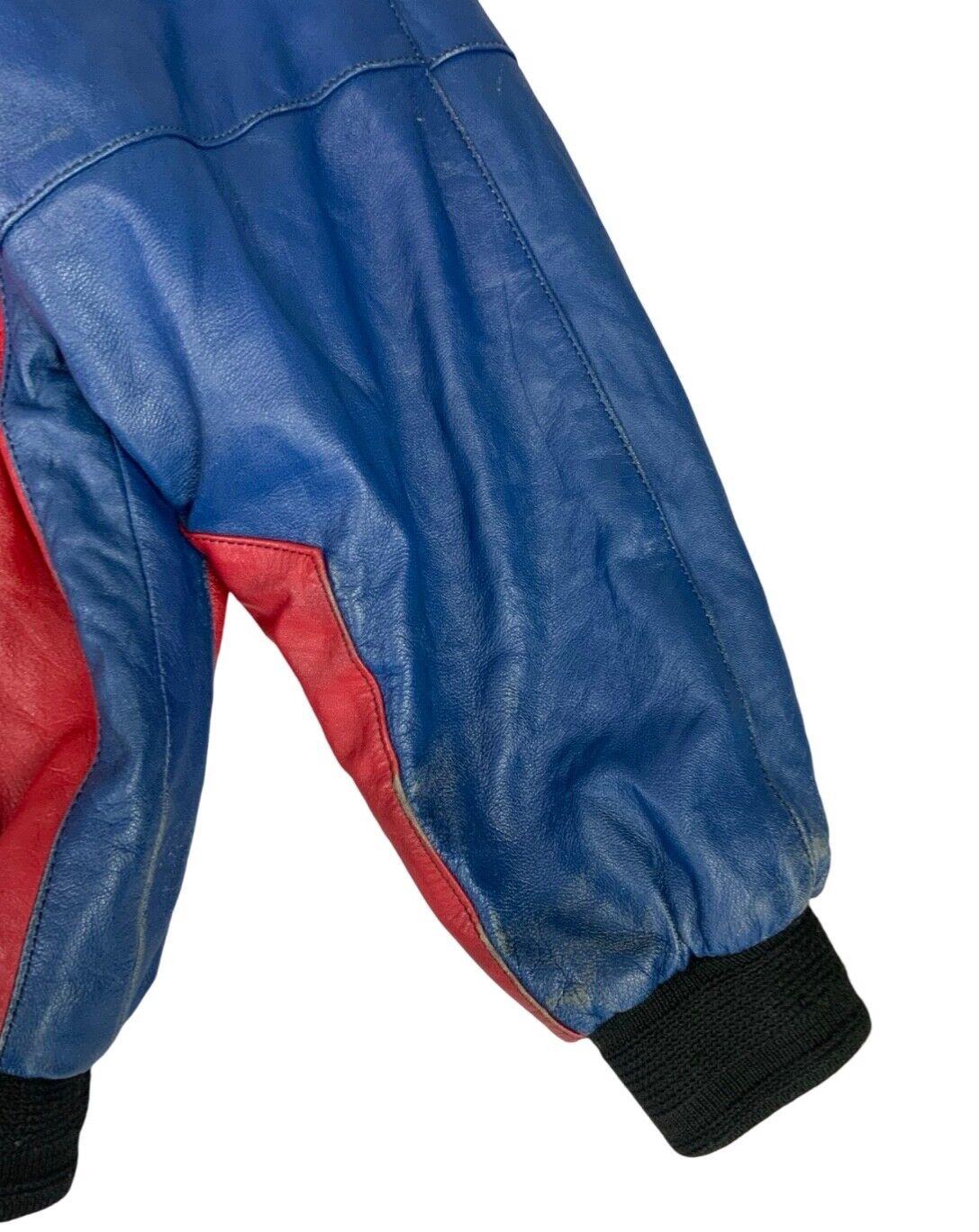 VTG 90s RED & BLUE LEATHER DISPLAY VARSITY JACKET OVERSIZED LETTERMAN L 44