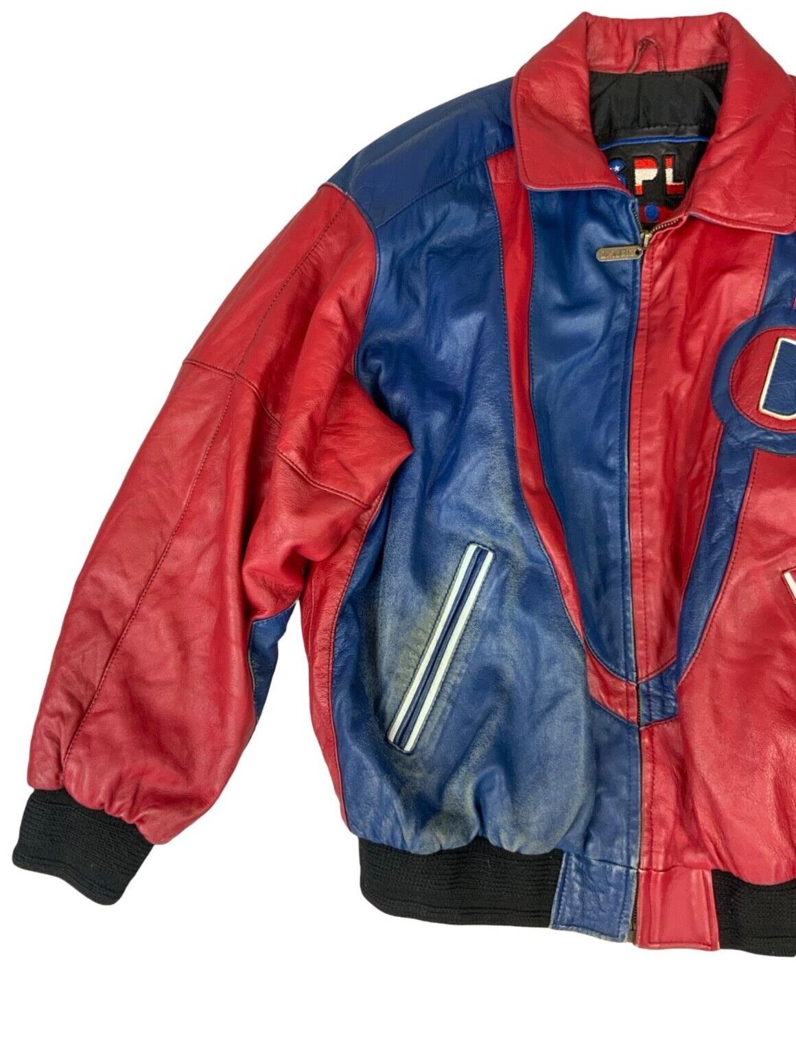 VTG 90s RED & BLUE LEATHER DISPLAY VARSITY JACKET OVERSIZED LETTERMAN L 44